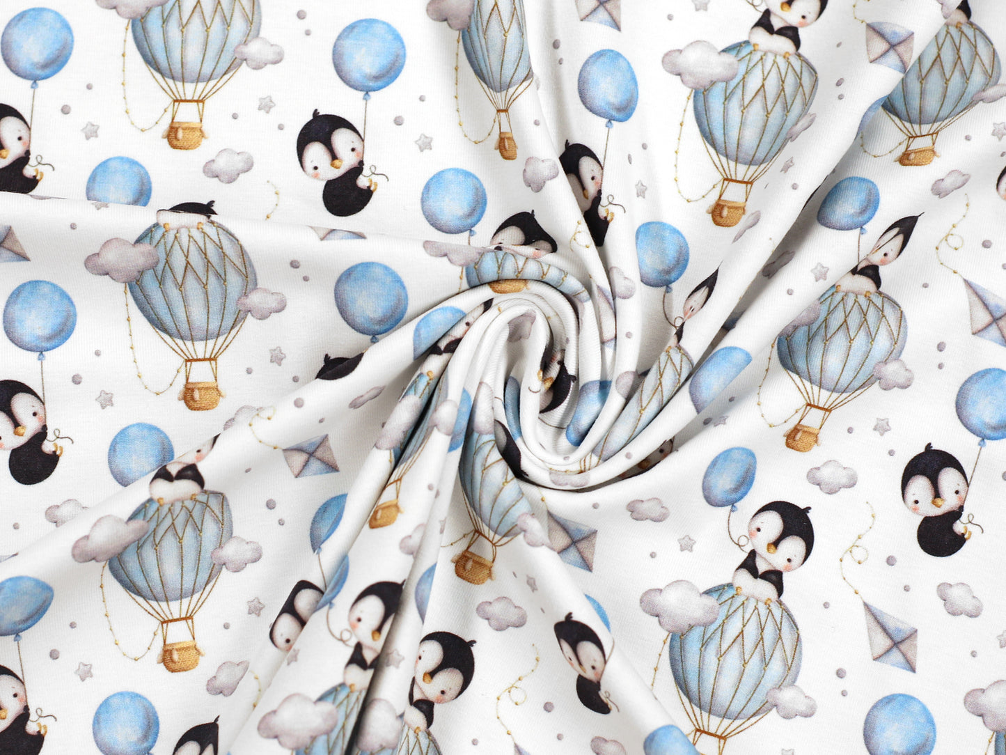 Jersey Stoff - Pinguin und Heißluftballon