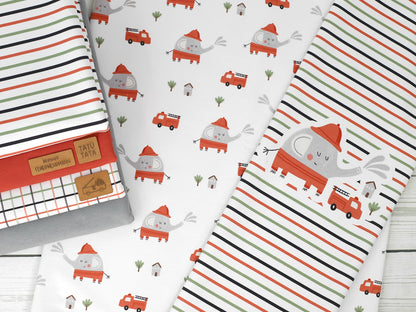 stoff-jersey-baumwolle-baumwolljersey-firefighter-elephant-elefant-tier-feuerwehr-kombistoff-kariert-grid-streifen-stripes-panel-serie