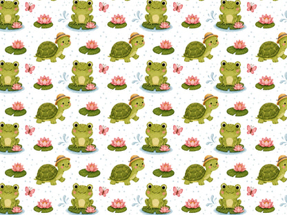 Jersey Stoff - Frosch & Schildkröte mit fröhlichen Frosch- und Schildkrötenmotiven, ideal für den Sommer.