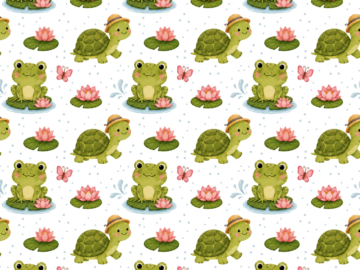 Jersey Stoff - Frosch & Schildkröte: Fröhliches Muster mit Froschen und Schildkröten auf Seerosen, ideal für Sommermode.