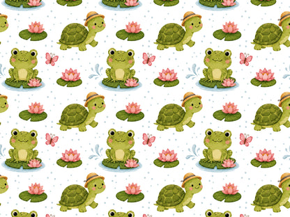 Jersey Stoff - Frosch & Schildkröte: Fröhliches Muster mit Froschen und Schildkröten auf Seerosen, ideal für Sommermode.