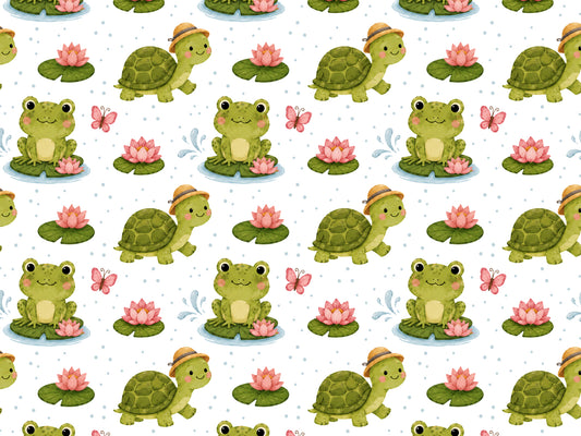 Jersey Stoff - Frosch & Schildkröte: Fröhliches Muster mit Froschen und Schildkröten auf Seerosen, ideal für Sommermode.