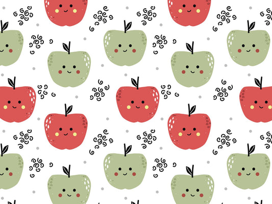 stoff-jersey-baumwolle-baumwolljersey-fruehling-sommer-fruechte-obst-mit-gesicht-apfel-gruen-rot