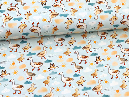 Jersey Stoff - Gänse - blassblau