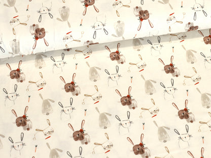 Jersey Stoff - Hasen & Möhren Schöner Baumwolljersey mit niedlichen Hasen in verschiedenen Farben.