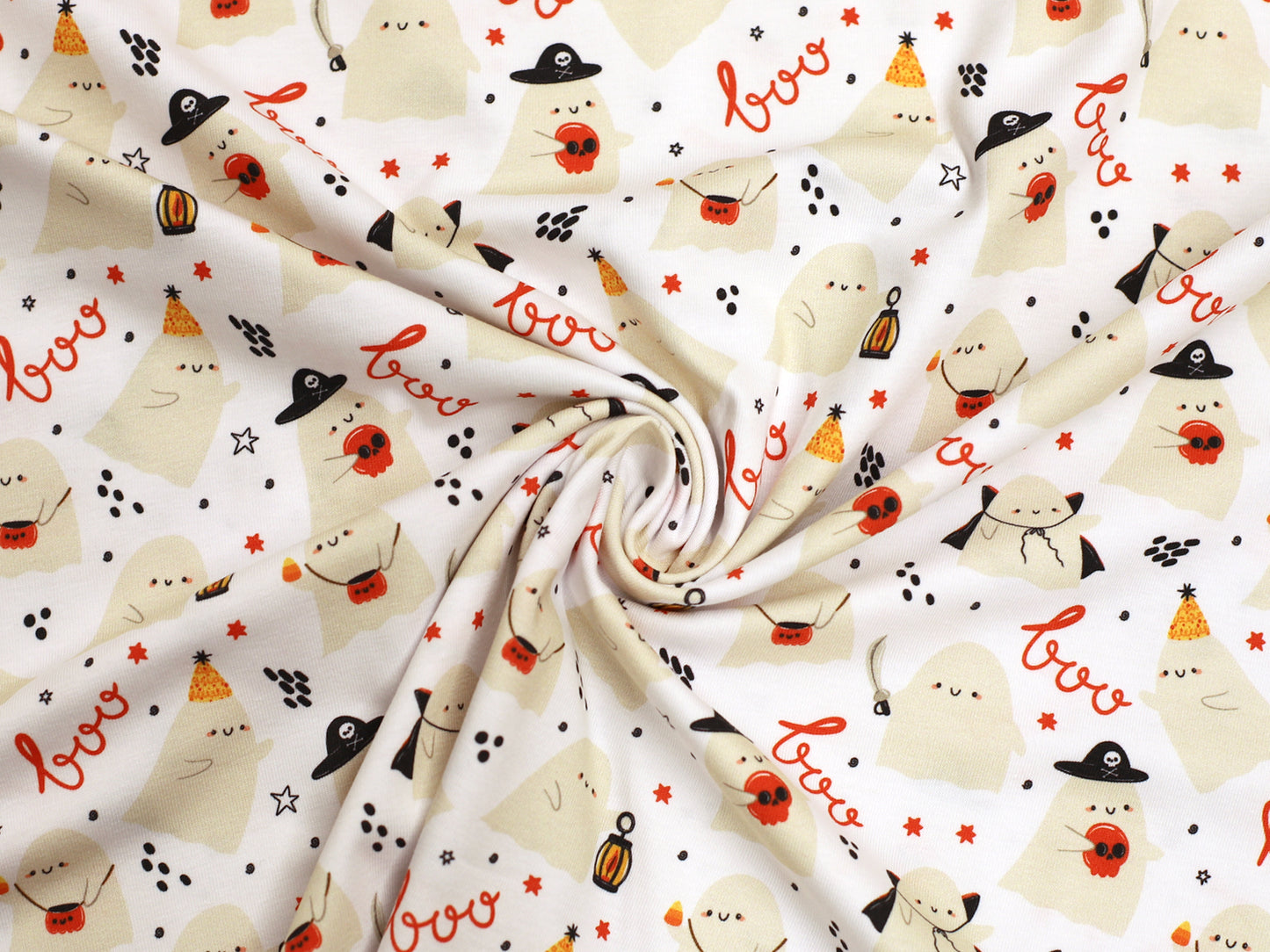 Jersey Stoff - Gespenster Party mit Halloween ghost jersey fabric Motiven, perfekt für festliche Nähprojekte.