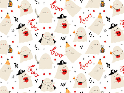 Jersey Stoff - Gespenster Party, einbedruckter Halloween ghost jersey fabric mit süßen Gespenstern und Festtagsmotiven.