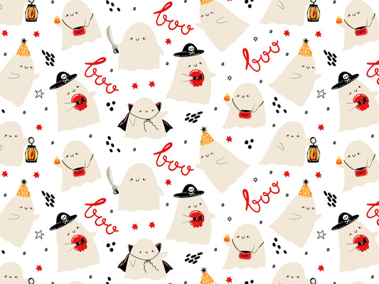 Jersey Stoff - Gespenster Party, einbedruckter Halloween ghost jersey fabric mit süßen Gespenstern und Festtagsmotiven.