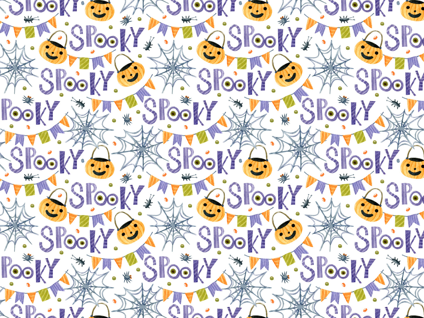 Halloween Jersey Stoff mit Spooky-Motiv, lustige Kürbisse und Spinnennetze auf hellem Hintergrund.