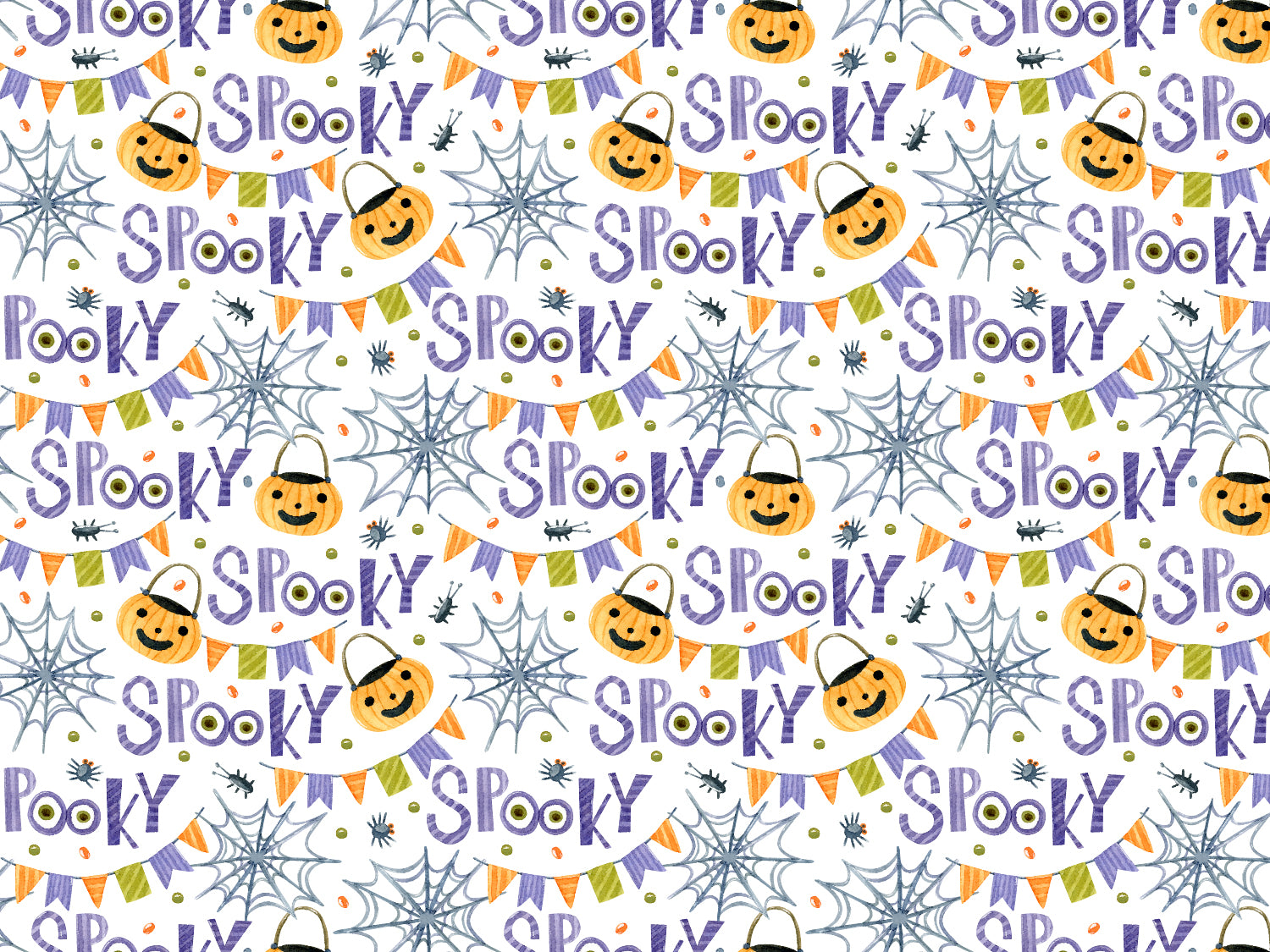 Halloween Jersey Stoff mit Spooky-Motiv, lustige Kürbisse und Spinnennetze auf hellem Hintergrund.