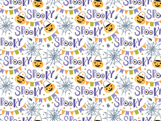 Halloween Jersey Stoff mit Spooky-Motiv, lustige Kürbisse und Spinnennetze auf hellem Hintergrund.