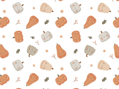smiling pumpkin jersey fabric featuring cute smiling pumpkins on a white background.