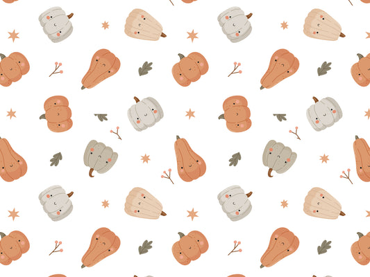 smiling pumpkin jersey fabric featuring cute smiling pumpkins on a white background.