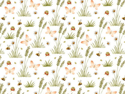 herbstmotiv jersey stoff | Zarte Wiese mit Schmetterlingen, Blumen und Bienen für fröhliche Herbstmode.