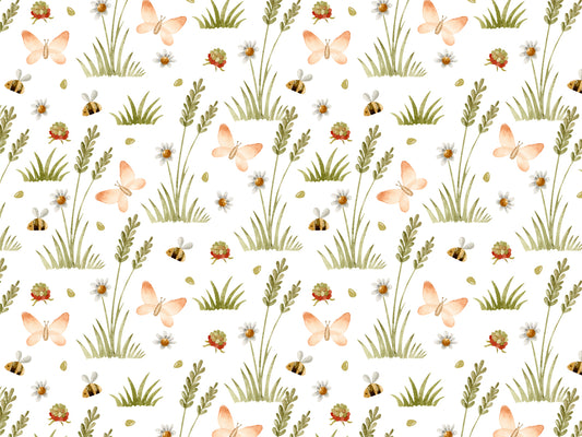 herbstmotiv jersey stoff | Zarte Wiese mit Schmetterlingen, Blumen und Bienen für fröhliche Herbstmode.