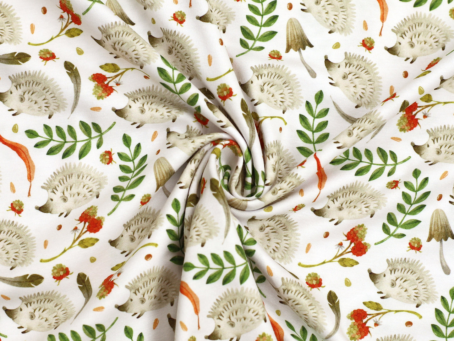 herbstlicher jersey stoff mit igelmotiv in buntem Design mit Igeln und herbstlichen Pflanzen auf hellem Hintergrund