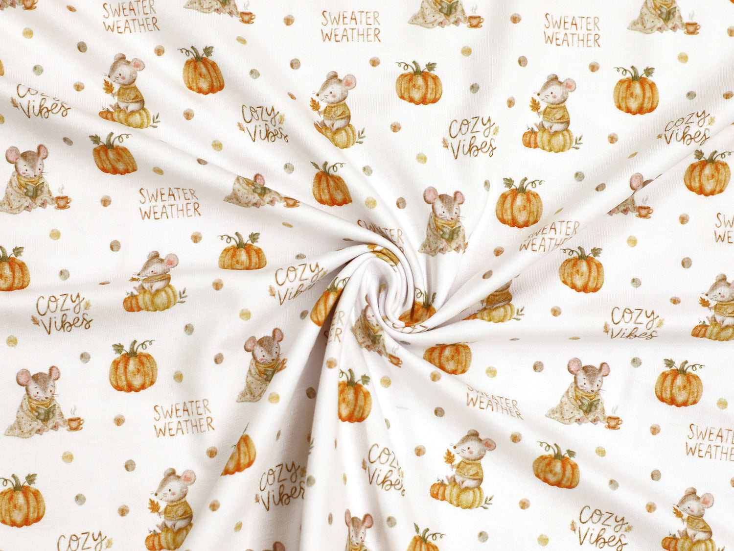 Jersey Stoff mit süßen Mäusen und Kürbissen, ideal für gemütliche Herbstoutfits - cozy jersey fabric for autumn.