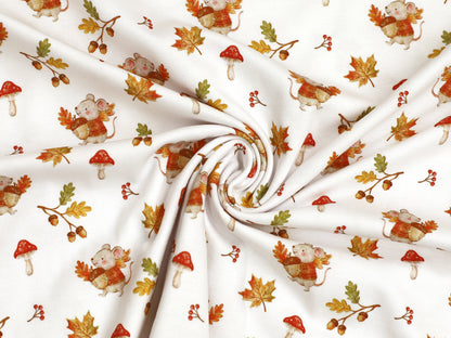 autumn jersey fabric mouse acorn featuring a cute mouse with acorn and autumn leaves pattern.