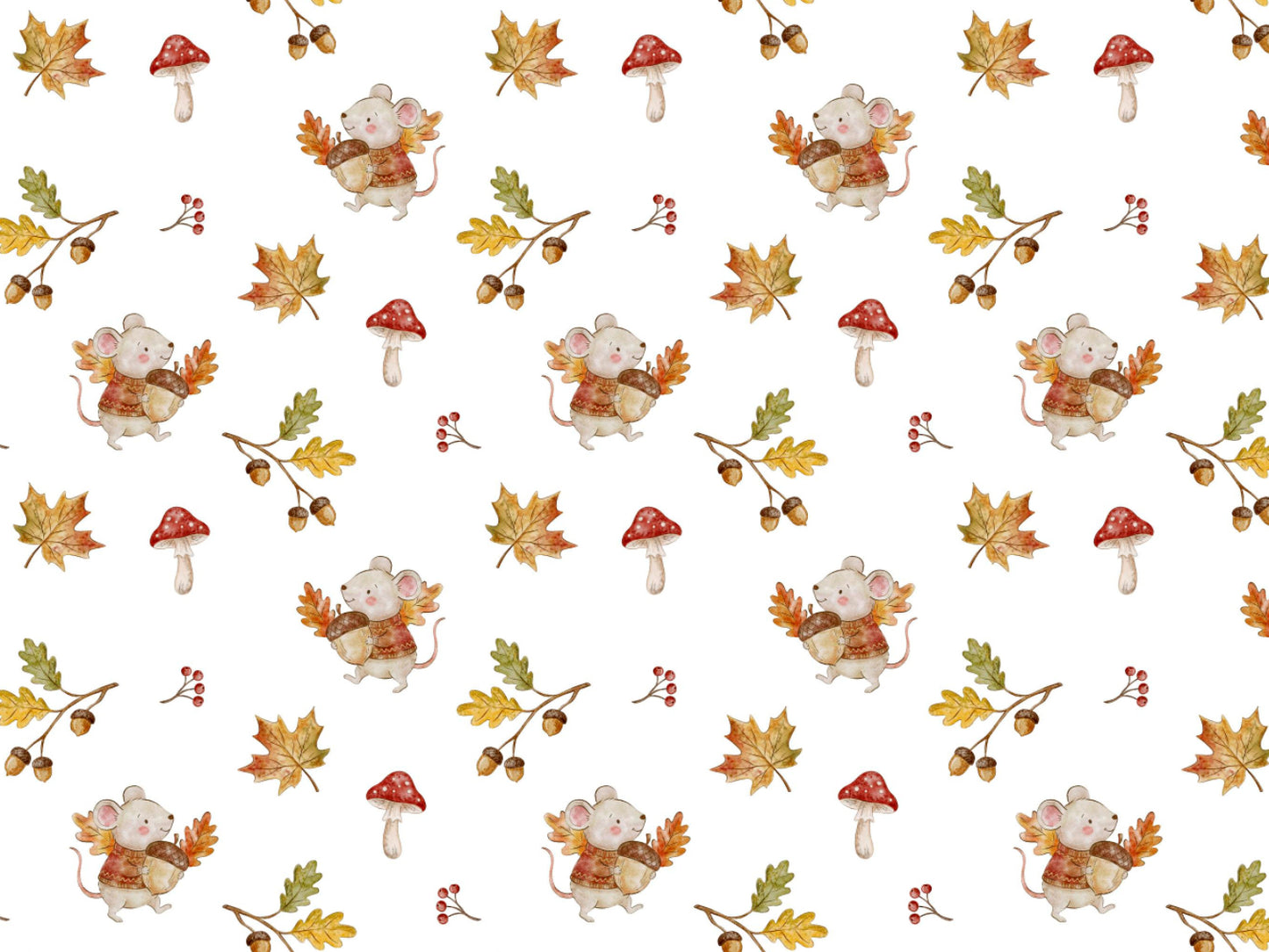autumn jersey fabric mouse acorn pattern featuring cute mice, acorns, and colorful autumn leaves.