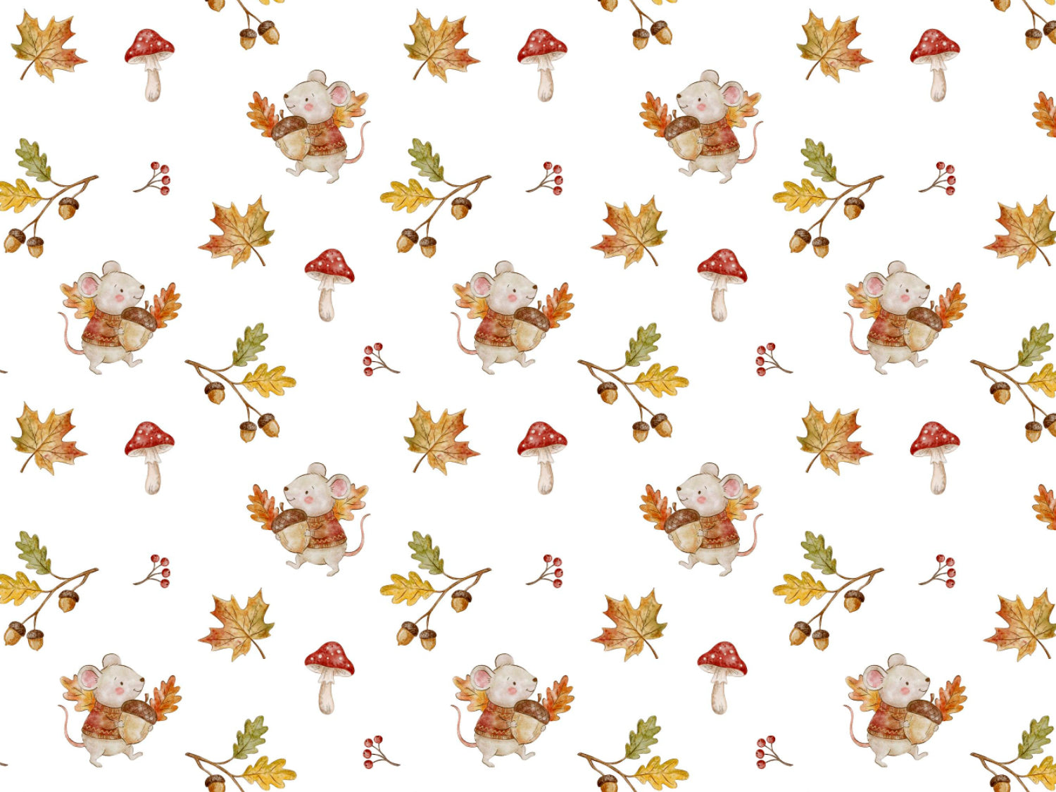 autumn jersey fabric mouse acorn pattern featuring cute mice, acorns, and colorful autumn leaves.
