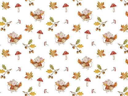 autumn jersey fabric mouse acorn pattern featuring cute mice, acorns, and colorful autumn leaves.