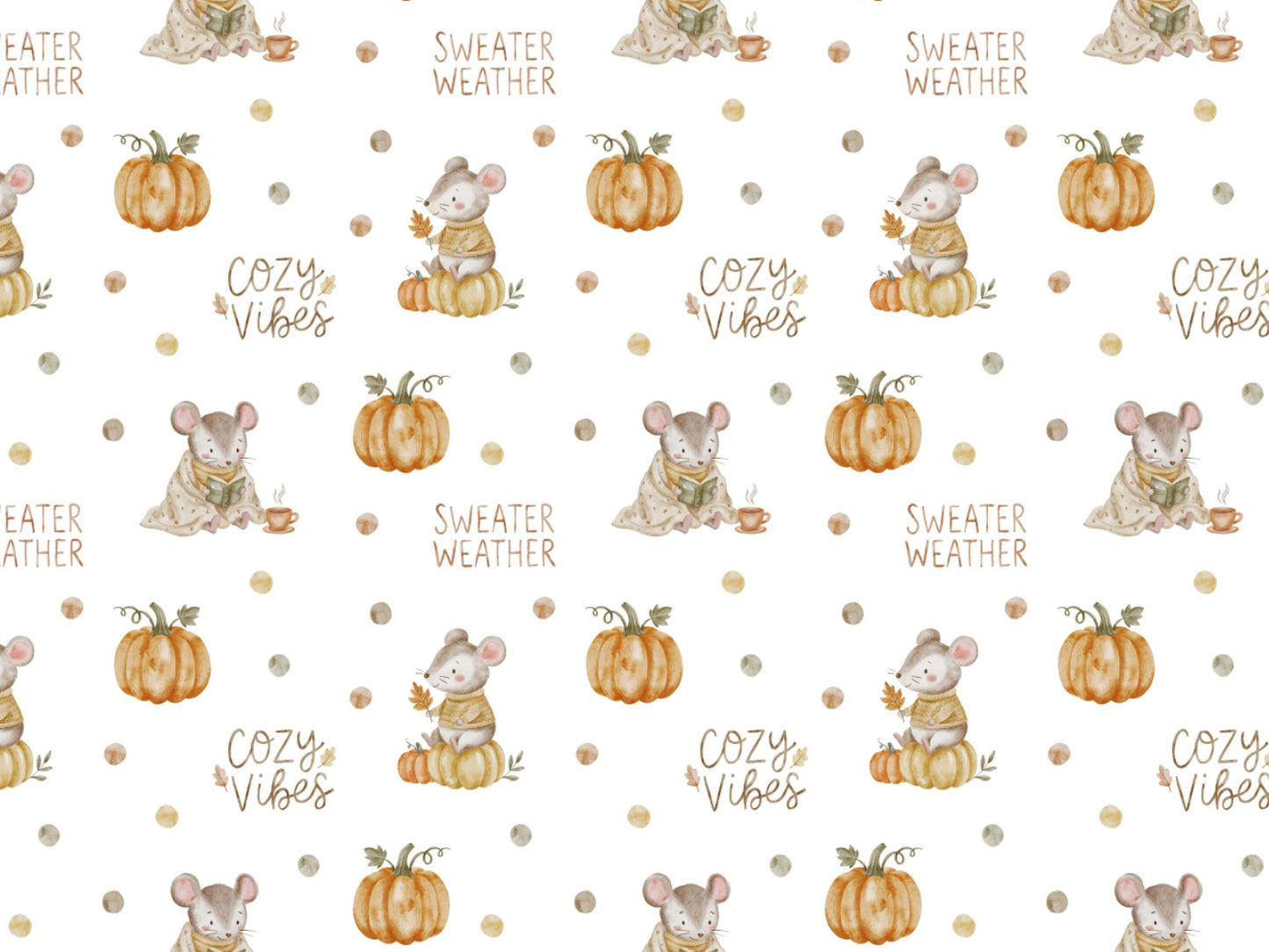 Cozy jersey fabric for autumn featuring adorable mice, pumpkins, and cozy vibes in a whimsical design.