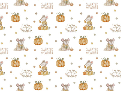 Cozy jersey fabric for autumn featuring adorable mice, pumpkins, and cozy vibes in a whimsical design.