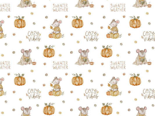 Cozy jersey fabric for autumn featuring adorable mice, pumpkins, and cozy vibes in a whimsical design.