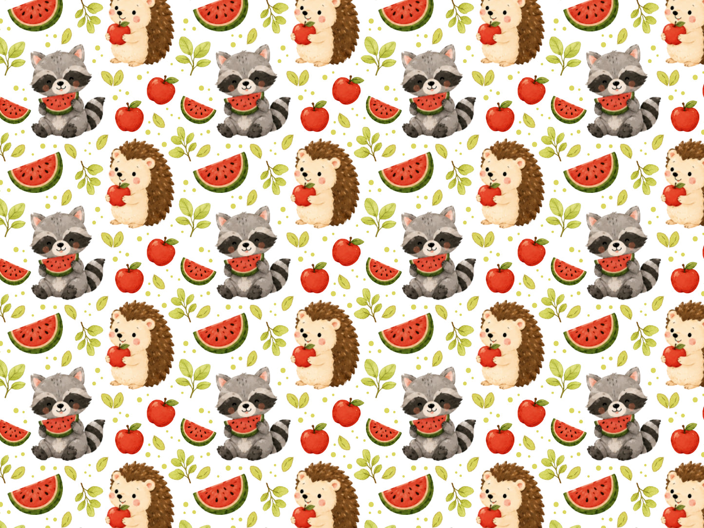 Jersey Stoff - Igel & Waschbär, niedliches Design mit Igeln und Waschbären auf weißem Hintergrund, ideal für Sommerprojekte.
