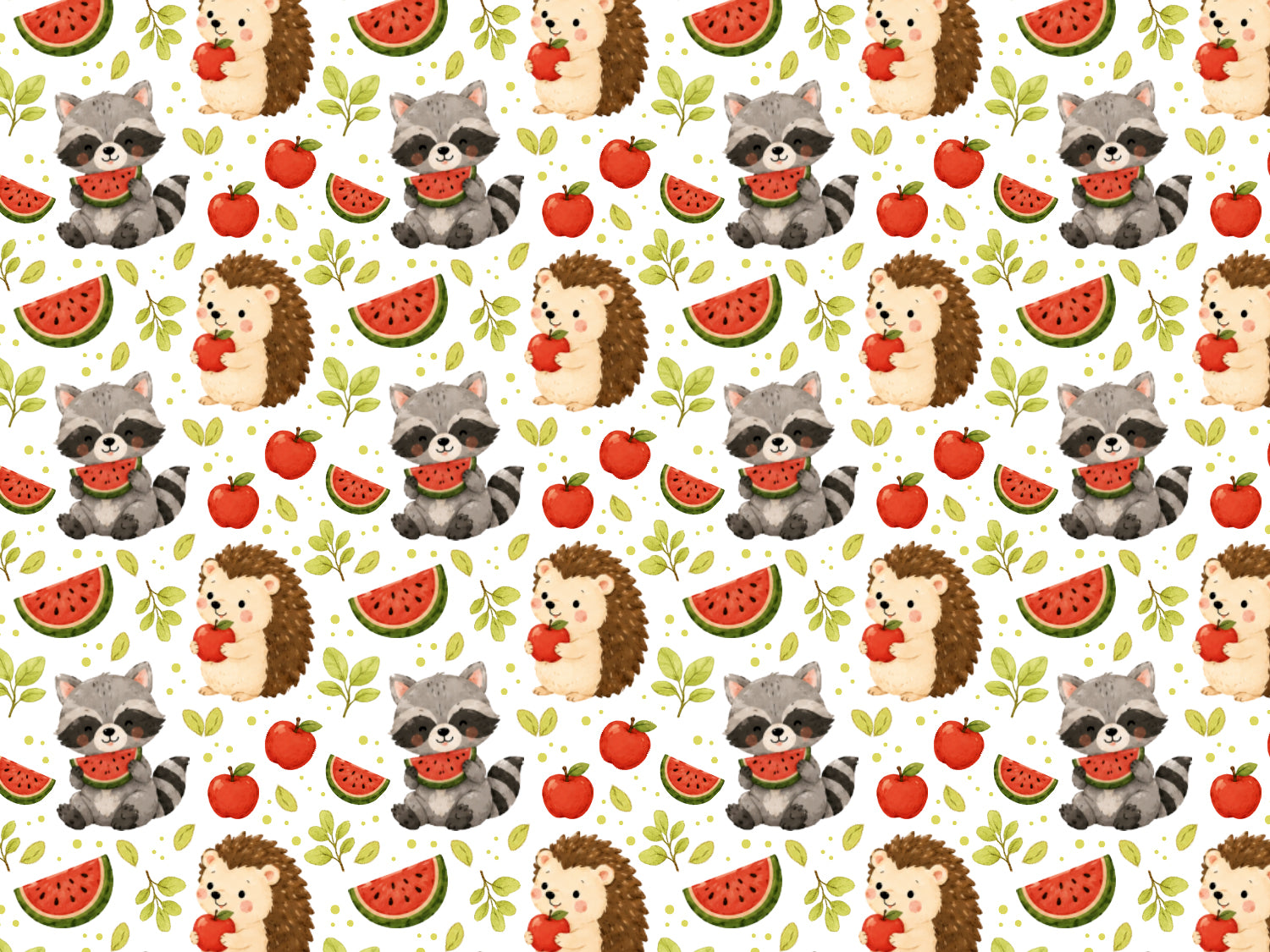 Jersey Stoff - Igel & Waschbär, niedliches Design mit Igeln und Waschbären auf weißem Hintergrund, ideal für Sommerprojekte.