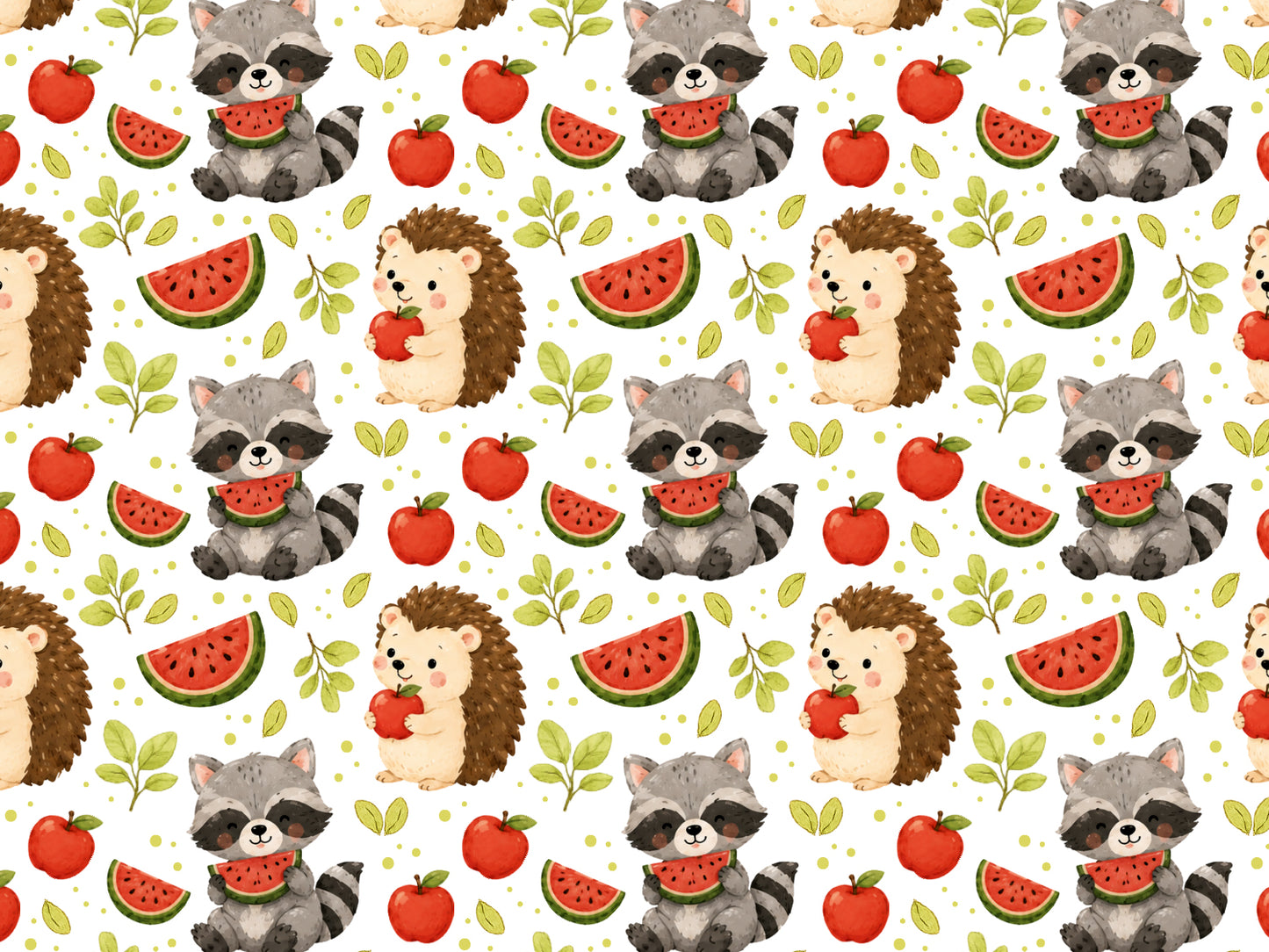 Jersey fabric hedgehog raccoon in a vibrant pattern featuring cute hedgehogs and raccoons with fruits.