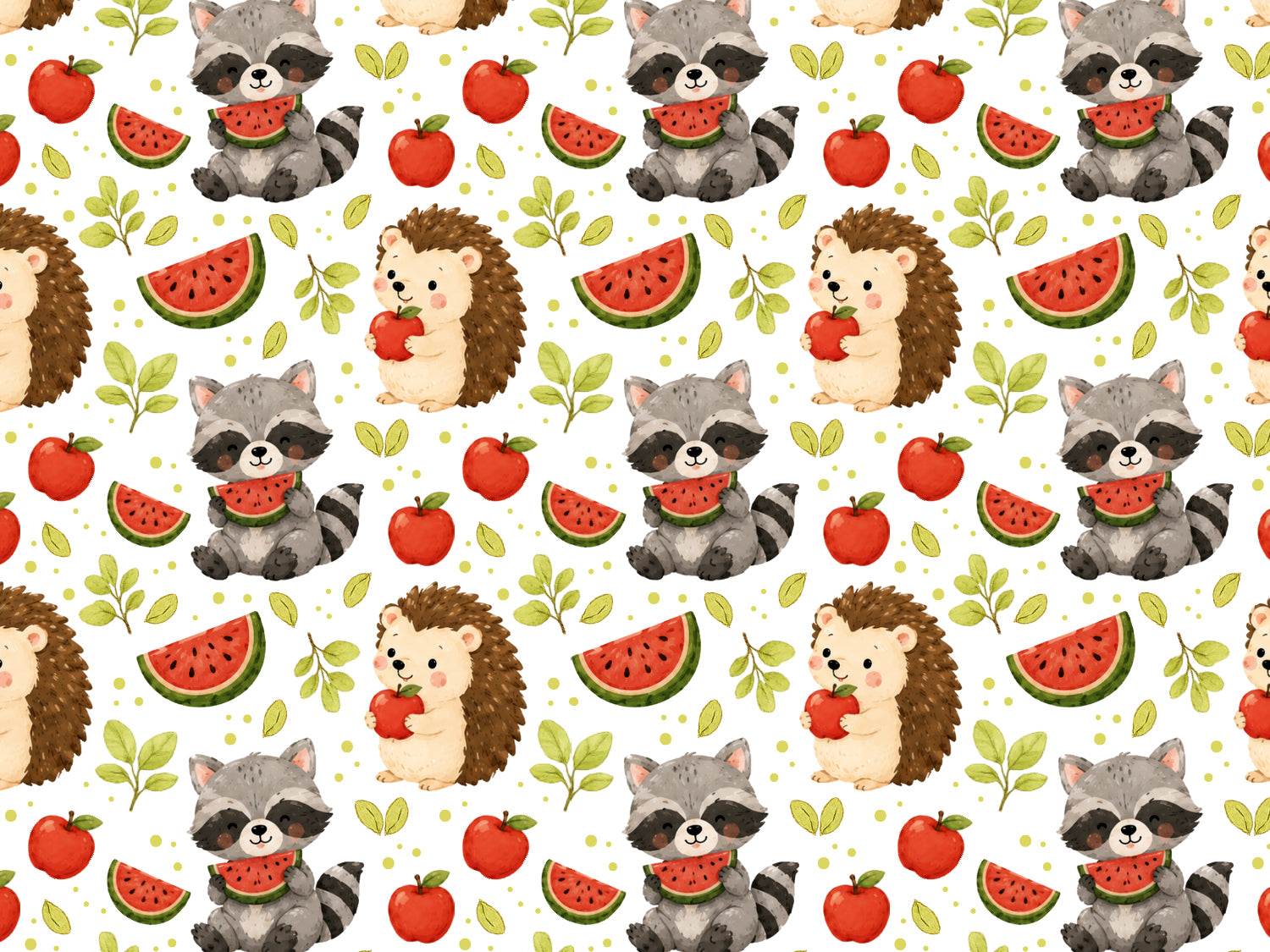 Jersey fabric hedgehog raccoon in a vibrant pattern featuring cute hedgehogs and raccoons with fruits.