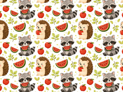 Jersey fabric hedgehog raccoon in a vibrant pattern featuring cute hedgehogs and raccoons with fruits.