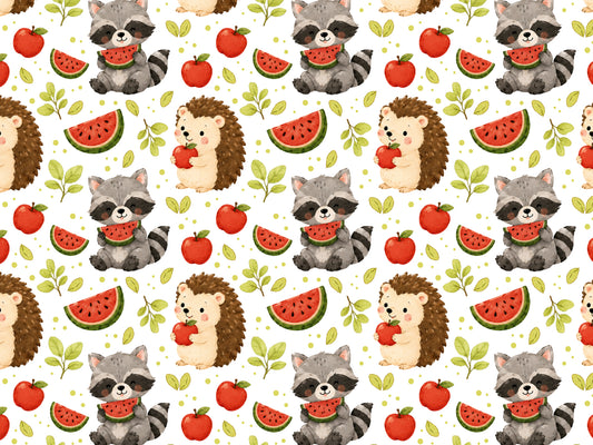 Jersey fabric hedgehog raccoon in a vibrant pattern featuring cute hedgehogs and raccoons with fruits.