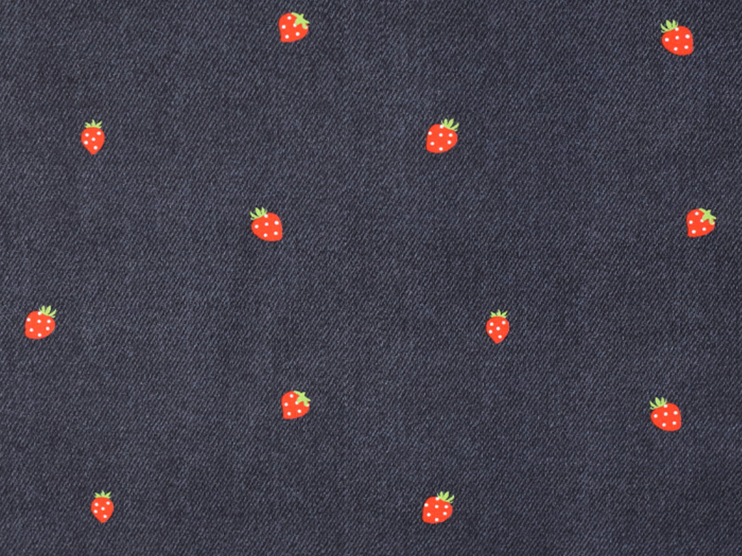 Jersey Stoff - Jeans-Optik - Erdbeere, dunkelblau mit Erdbeeren auf dunkelblauem Hintergrund, ideal für Bekleidung.