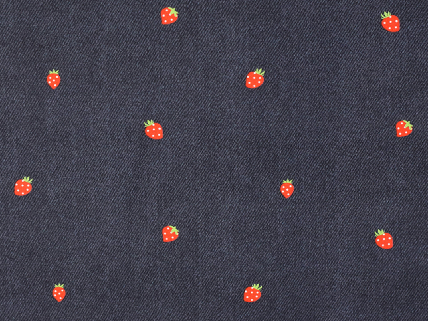 Jersey Stoff - Jeans-Optik - Erdbeere, dunkelblau mit Erdbeeren auf dunkelblauem Hintergrund, ideal für Bekleidung.