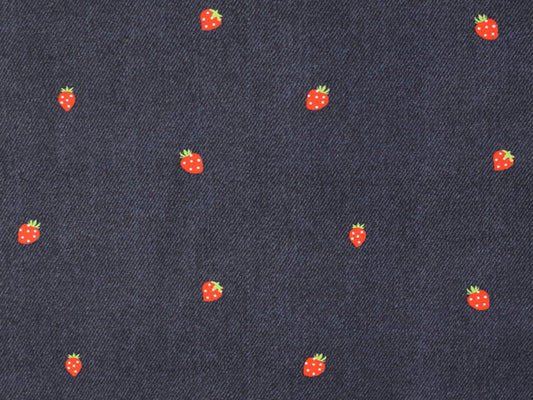 Jersey Stoff - Jeans-Optik - Erdbeere, dunkelblau mit Erdbeeren auf dunkelblauem Hintergrund, ideal für Bekleidung.