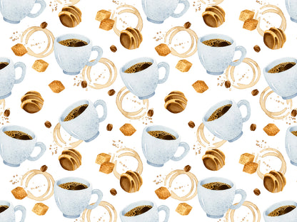 Jersey coffee cup fabric pattern featuring coffee cups, cookies, and sugar cubes for stylish designs.