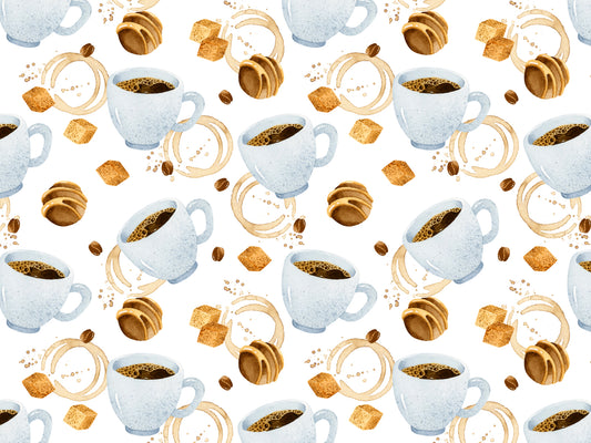 Jersey coffee cup fabric pattern featuring coffee cups, cookies, and sugar cubes for stylish designs.