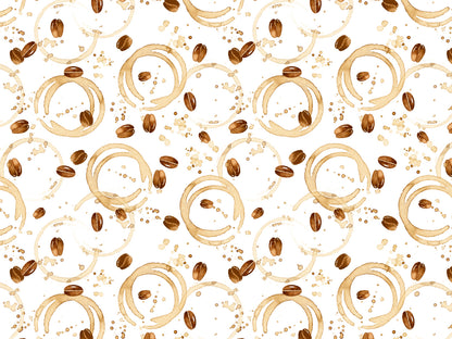 Jersey Stoff - Coffee Stain mit Kaffeeflecken und Kaffeebohnen, ideal für Kleidung. Coffee stain jersey fabric.