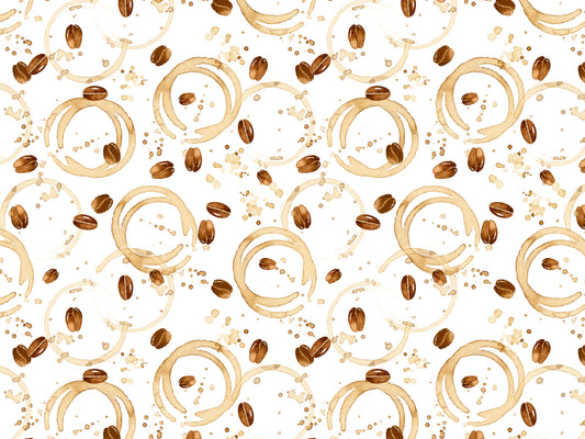 Jersey Stoff - Coffee Stain mit Kaffeeflecken und Kaffeebohnen, ideal für Kleidung. Coffee stain jersey fabric.