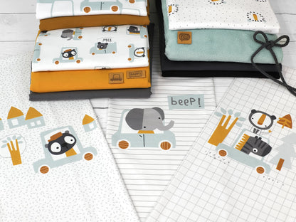 stoff-jersey-baumwolle-baumwolljersey-kathi-kunterbunt-beep-auto-baby-tiere-baer-elefant-tiger-zebra-serie-mint-senf-ocker-weiss-2