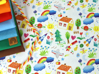 stoff-jersey-baumwolle-baumwolljersey-kathi-kunterbunt-kinderzeichnung-kritzel-sonne-regenbogen-haus-baum-rakete-schmetterling-bunt-schule-verschiedene-farben-serie-2-kleine-kuenst