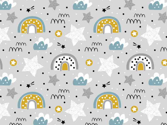 stoff-jersey-baumwolle-baumwolljersey-kathi-kunterbunt-koala-kombi-regenbogen-rainbow-sterne-wolken-sternschnuppe-senf-aqua-auf-grau
