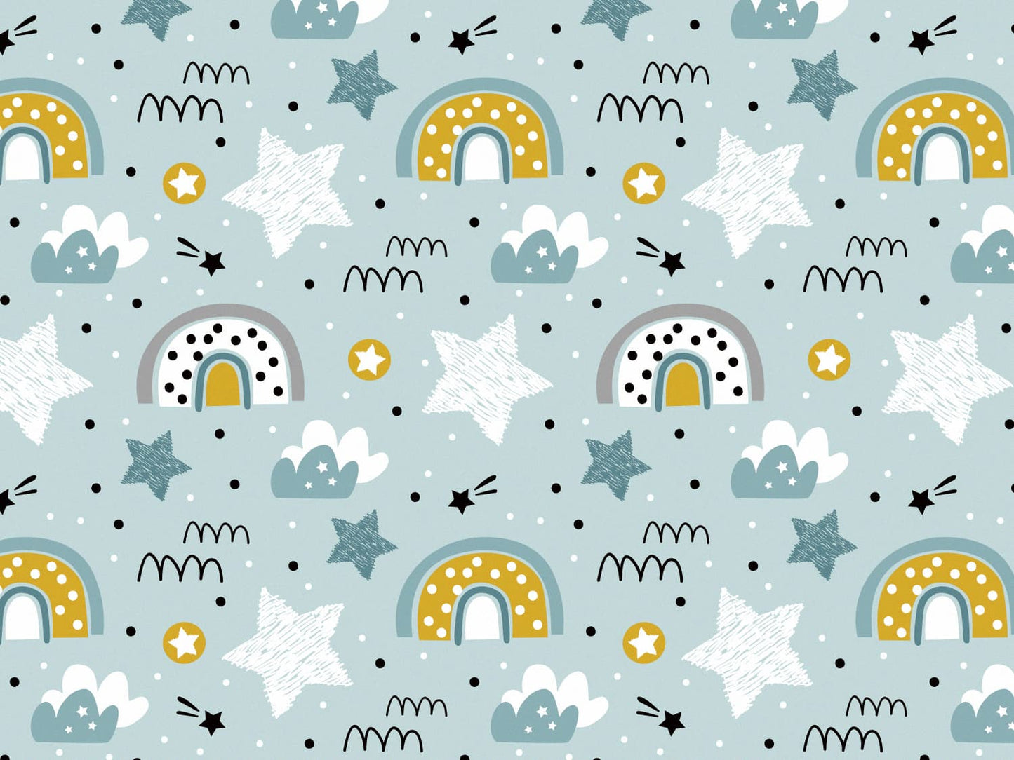 stoff-jersey-baumwolle-baumwolljersey-kathi-kunterbunt-koala-kombi-regenbogen-rainbow-sterne-wolken-sternschnuppe-senf-aqua-grau-auf-aqua