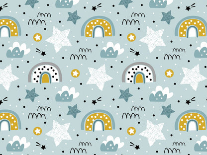 stoff-jersey-baumwolle-baumwolljersey-kathi-kunterbunt-koala-kombi-regenbogen-rainbow-sterne-wolken-sternschnuppe-senf-aqua-grau-auf-aqua