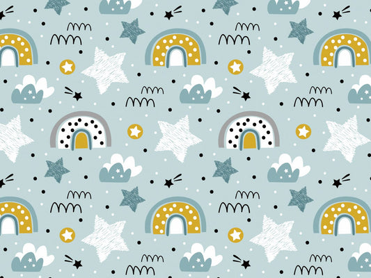 stoff-jersey-baumwolle-baumwolljersey-kathi-kunterbunt-koala-kombi-regenbogen-rainbow-sterne-wolken-sternschnuppe-senf-aqua-grau-auf-aqua
