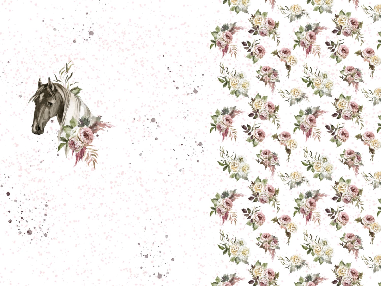 stoff-jersey-baumwolle-baumwolljersey-kathi-kunterbunt-panel-vintage-flower-blumen-pferde-horse-weiss-sprenkel-rosa-2