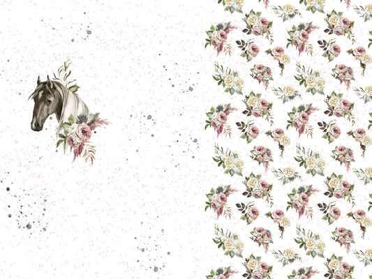 stoff-jersey-baumwolle-baumwolljersey-kathi-kunterbunt-panel-vintage-flower-blumen-pferde-horse-weiss-sprenkel-rosa-2