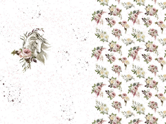 stoff-jersey-baumwolle-baumwolljersey-kathi-kunterbunt-panel-vintage-flower-blumen-pferde-horse-weiss-sprenkel-rosa
